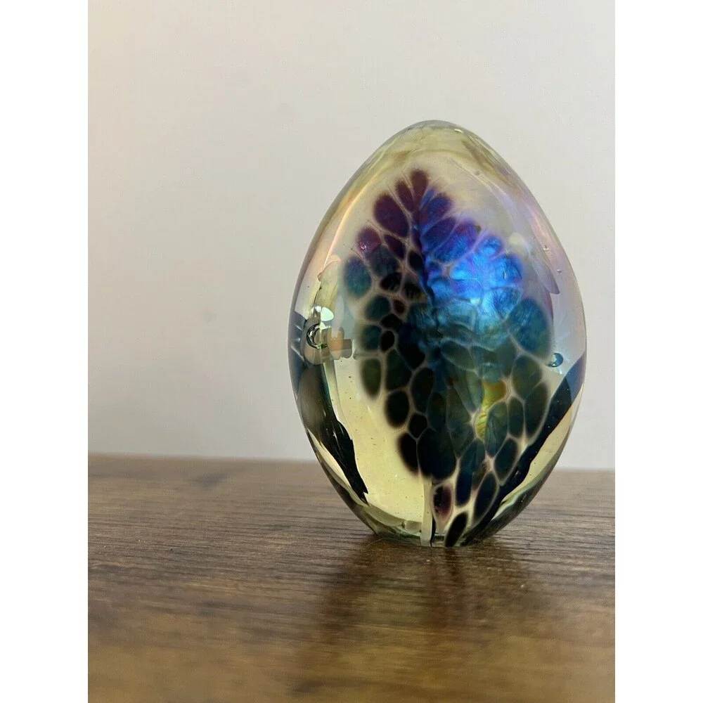 Vintage Metallic Multi Colored Swirl Egg Paperweight White Trumpet Flower
